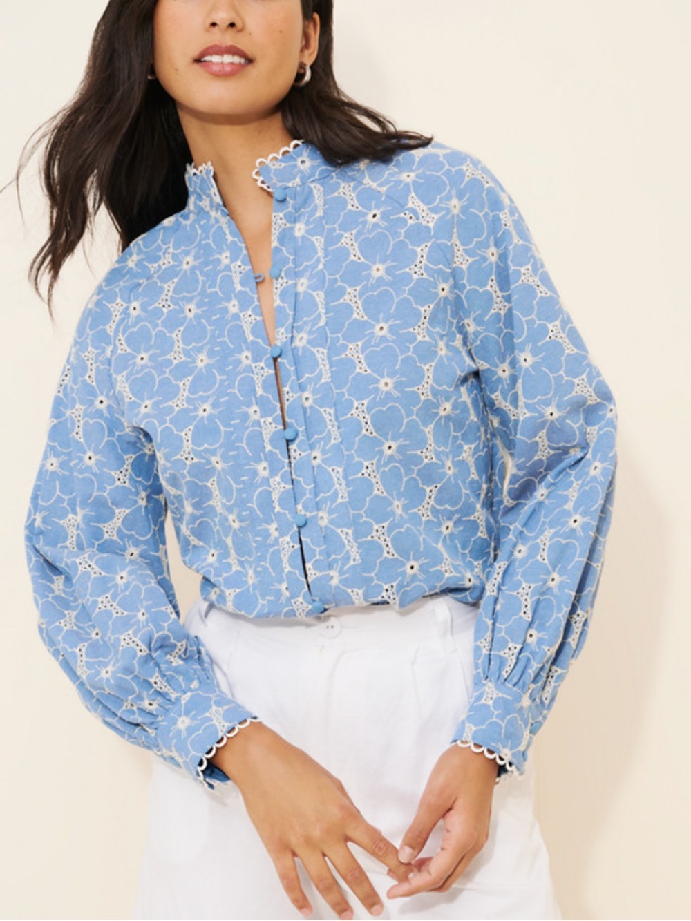 FRENCHMAUVE - Light Blue Eyelet Floral Blouse with Scallop Trim - XL
